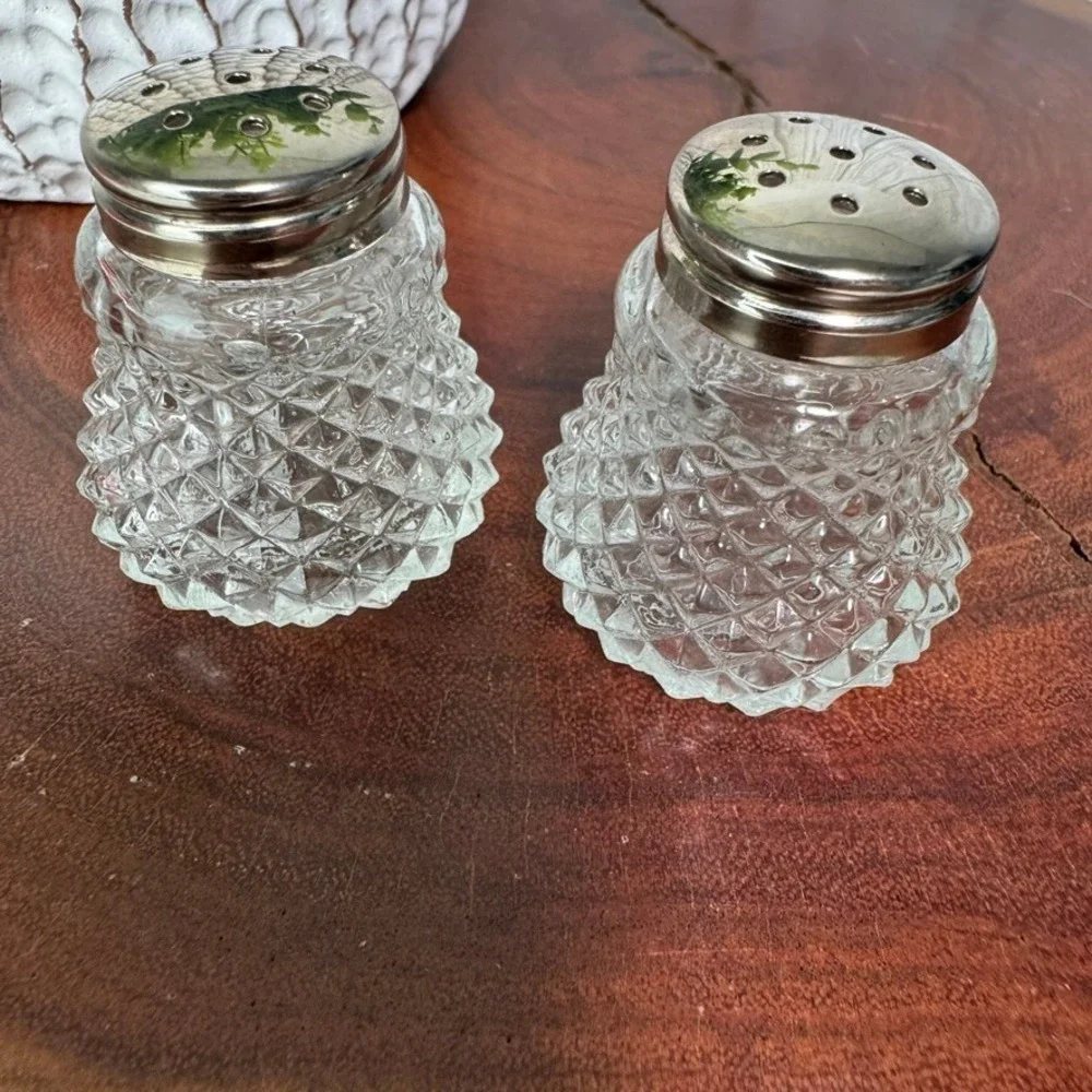 Vintage Miniature Diamond Point Glass Salt and Pepper Shakers Set Silver Lids